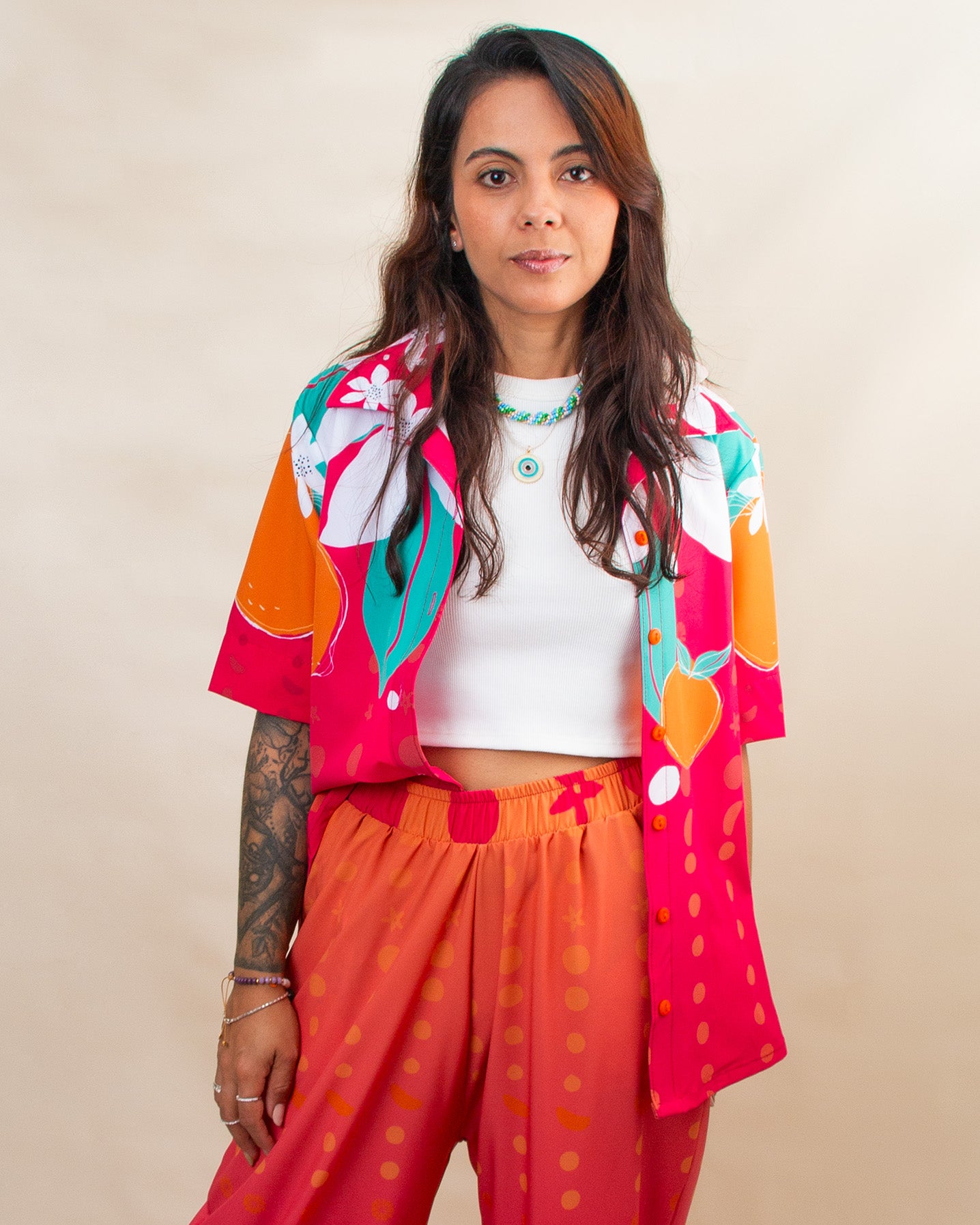 Set de Sol Pantalón Flores Mandarina