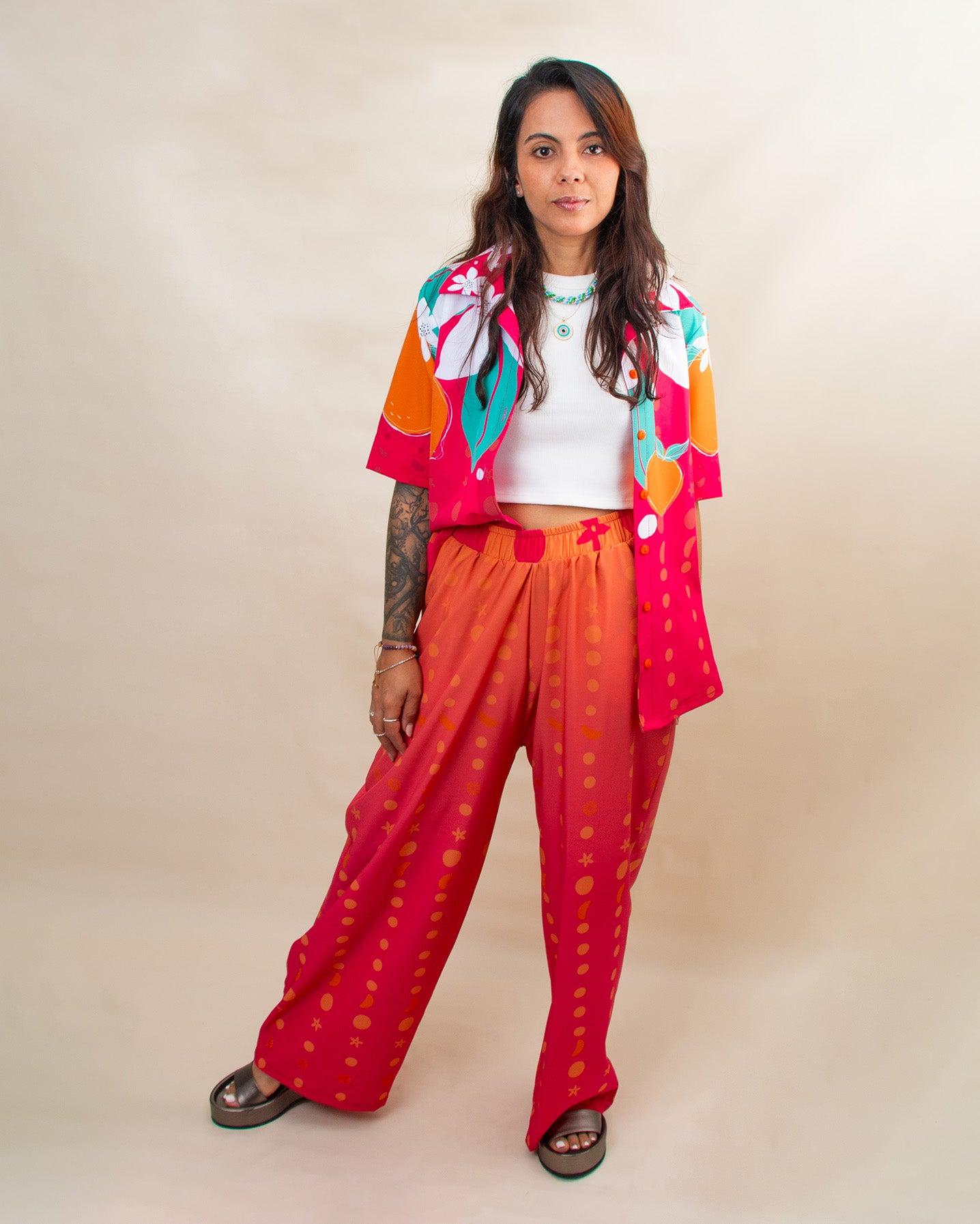 Set de Sol Pantalón Flores Mandarina